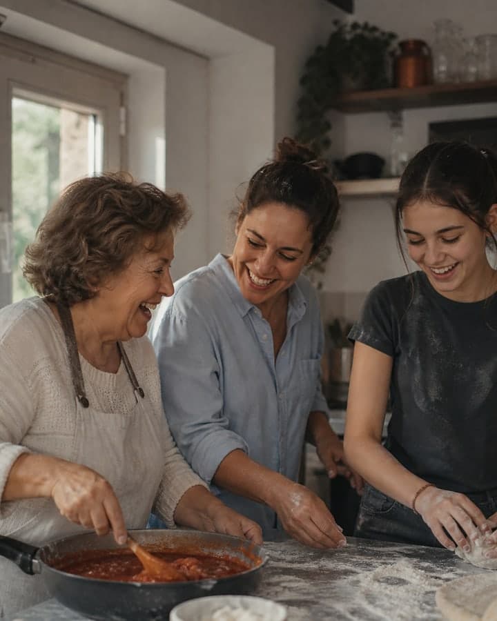 Three generations laughing while making sauce together at a kitchen counter